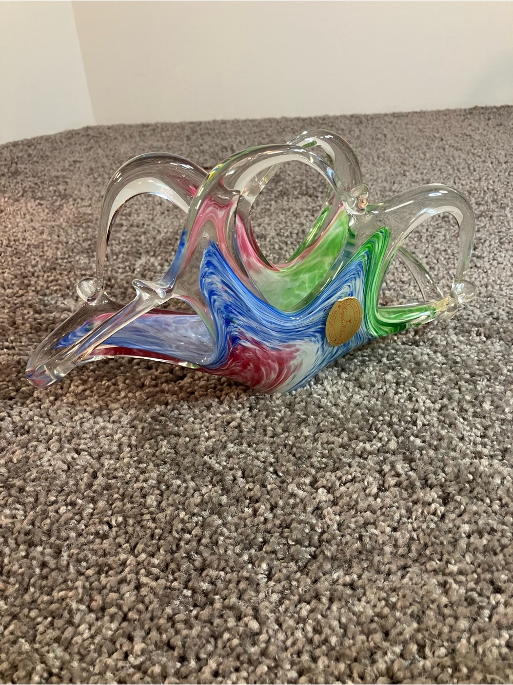 Murano Crystal Clear Blue Pink Green Swirl Letter Napkin Holder Made In Italy
